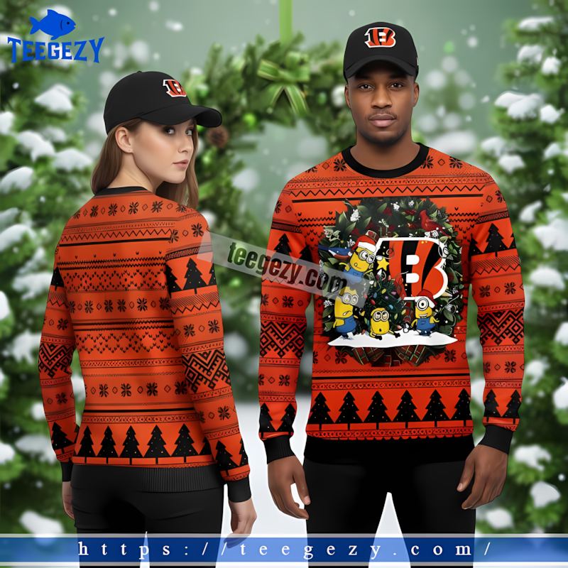 Santa Minion Cincinnati Bengals Black Orange Ugly Sweaters For Couples Santa Minion Cincinnati Bengals Black Orange Ugly Sweaters For Couples