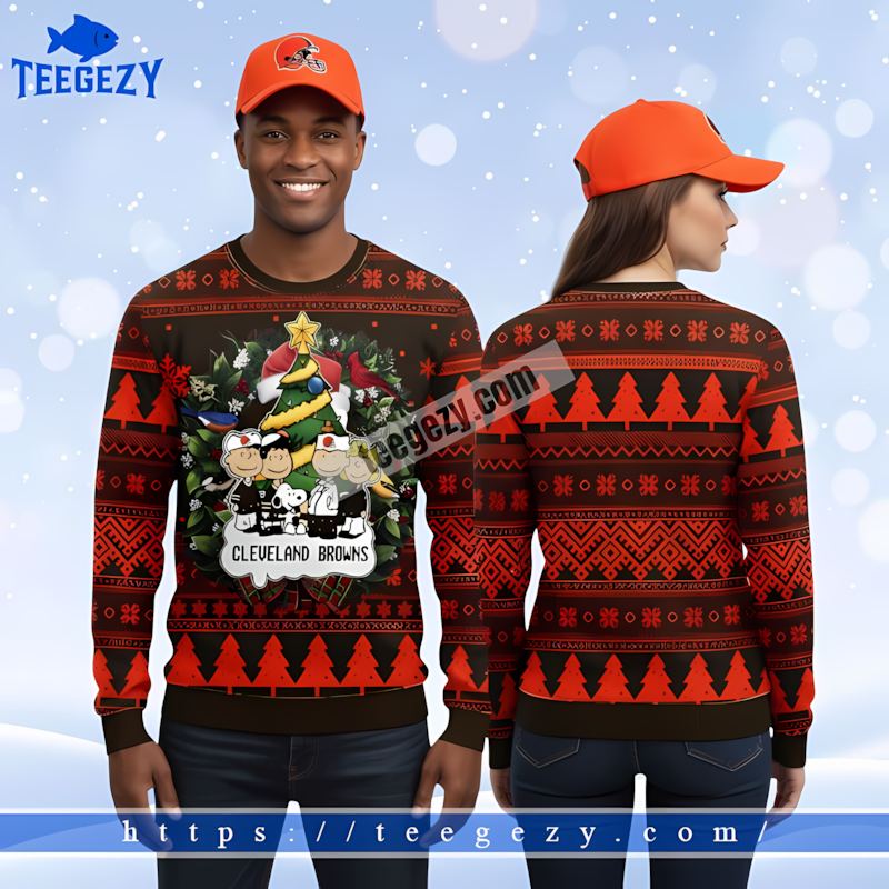 Snoopy Charlie Brown Cleveland Browns Orange Black Ugly Sweaters For Couples Snoopy Charlie Brown Cleveland Browns Orange Black Ugly Sweaters For Couples
