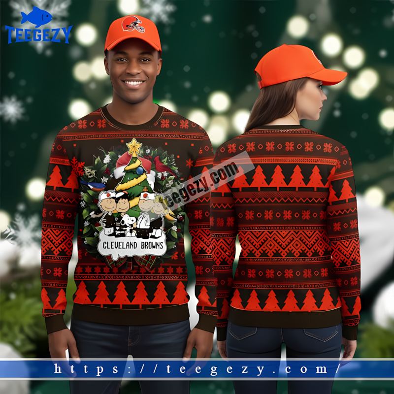 Snoopy Charlie Brown Cleveland Browns Orange Black Ugly Sweaters For Couples Snoopy Charlie Brown Cleveland Browns Orange Black Ugly Sweaters For Couples