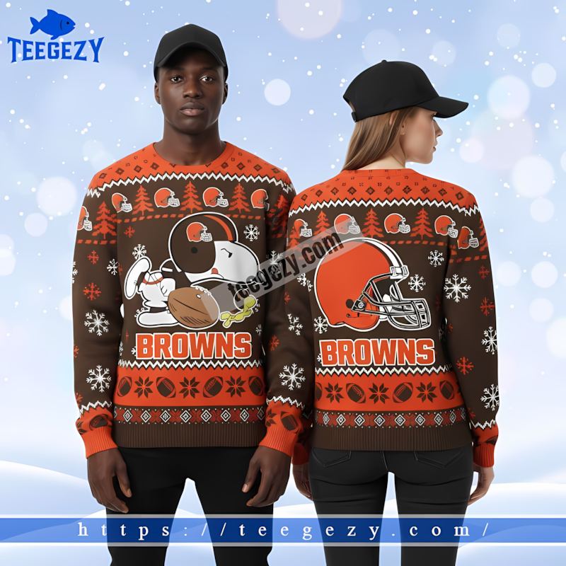 Woodstock Snoopy Cleveland Browns Orange Brown Ugly Sweater Christmas Party Woodstock Snoopy Cleveland Browns Orange Brown Ugly Sweater Christmas Party