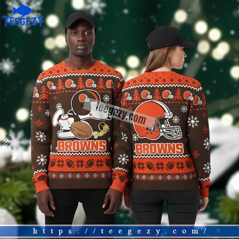 Woodstock Snoopy Cleveland Browns Orange Brown Ugly Sweater Christmas Party Woodstock Snoopy Cleveland Browns Orange Brown Ugly Sweater Christmas Party