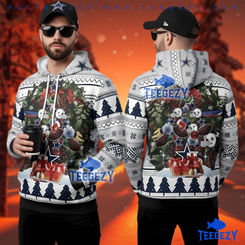 Dallas Cowboys Christmas Wreath And Gear 3D Ugly Hoodie