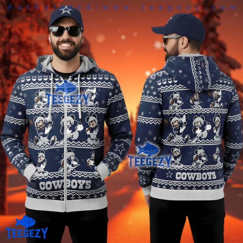 Dallas Cowboys Mickey Mouse Festive 3D Ugly Zip Up Hoodie