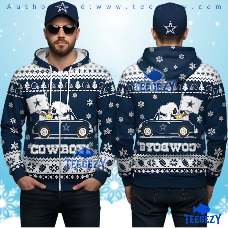 Dallas Cowboys Peanuts Snoopy Driving Ugly Christmas 3D All Over Zip Up Hoodie