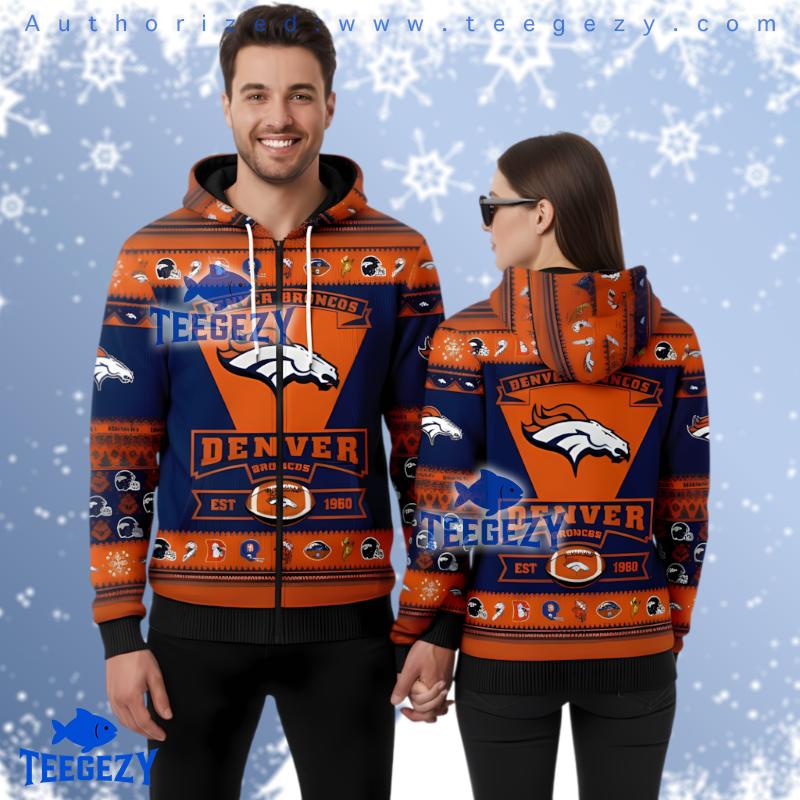 Denver Broncos Blue Orange Logo Ugly Christmas 3D Hoodie Men Denver Broncos Blue Orange Logo Ugly Christmas 3D Hoodie Men