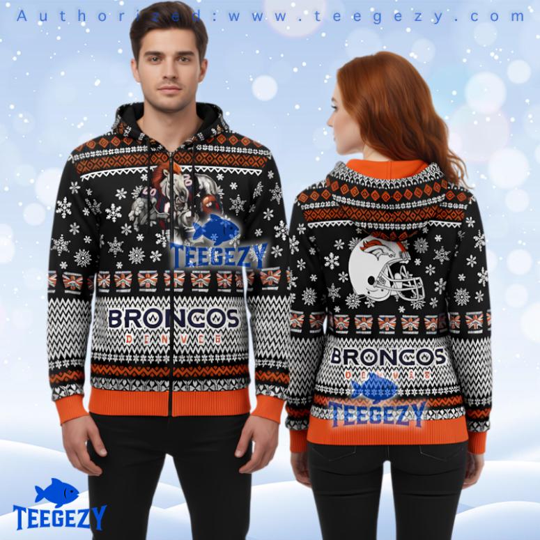 Denver Broncos Mascot Christmas Team Ugly 3D Zip Hoodie Denver Broncos Mascot Christmas Team Ugly 3D Zip Hoodie