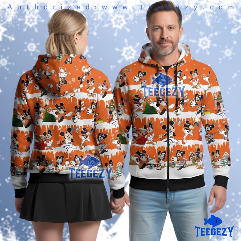 Denver Broncos Mickey Mouse Christmas Ugly Sweater Zip Up 3D Hoodie Denver Broncos Mickey Mouse Christmas Ugly Sweater Zip Up 3D Hoodie