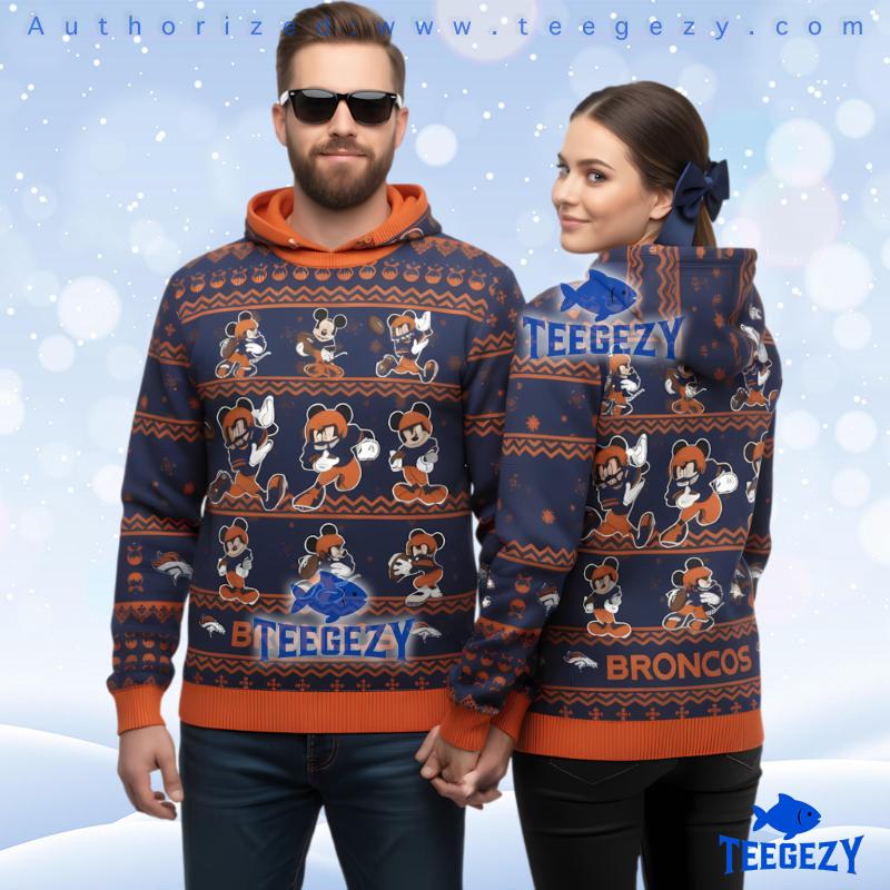Denver Broncos Mickey Mouse Pattern Ugly Christmas 3D Hoodie Denver Broncos Mickey Mouse Pattern Ugly Christmas 3D Hoodie