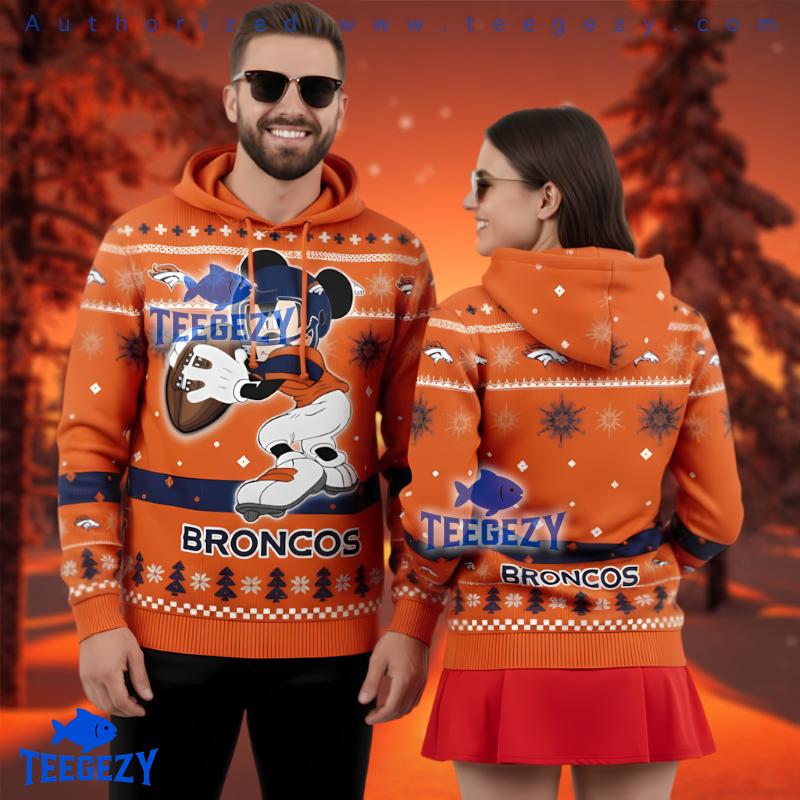 Denver Broncos Mickey Mouse Player Ugly Christmas 3D Hoodie Denver Broncos Mickey Mouse Player Ugly Christmas 3D Hoodie