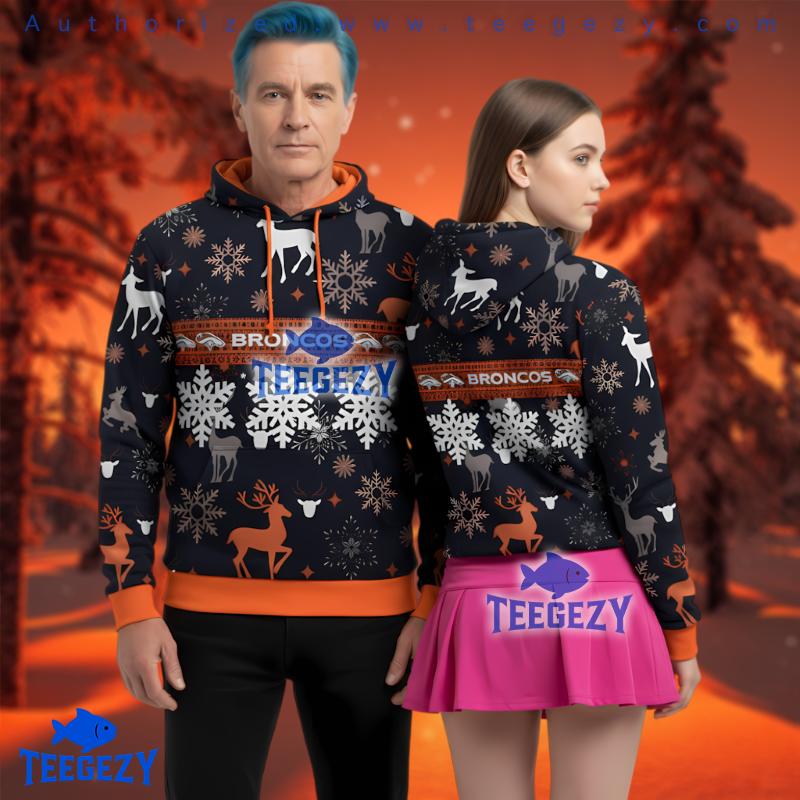 Denver Broncos Reindeer Snowflakes Ugly Christmas 3D Pullover Hoodie Denver Broncos Reindeer Snowflakes Ugly Christmas 3D Pullover Hoodie