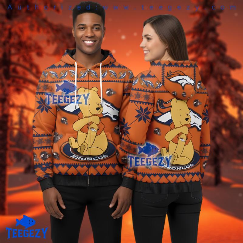 Denver Broncos Winnie The Pooh Ugly Christmas 3D Hoodie Style Denver Broncos Winnie The Pooh Ugly Christmas 3D Hoodie Style