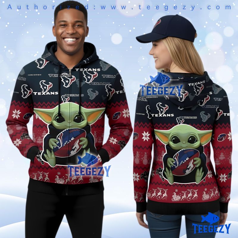 Houston Texans Cute Grogu Player Ugly Christmas 3D Zip Hoodie