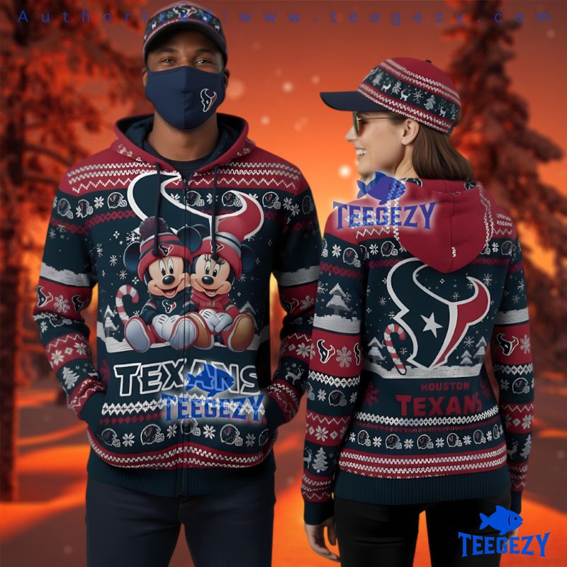 Houston Texans Mickey Minnie Mouse Christmas Ugly 3D Zip Up Hoodie Houston Texans Mickey Minnie Mouse Christmas Ugly 3D Zip Up Hoodie