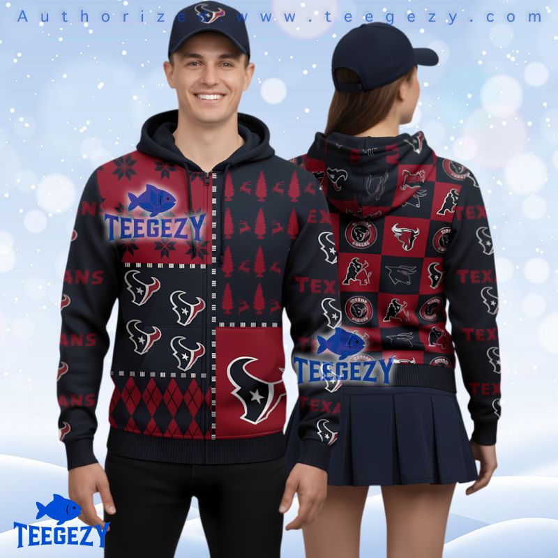 Houston Texans Mixed Pattern Holiday Theme Ugly 3D Zip Up Hoodie Houston Texans Mixed Pattern Holiday Theme Ugly 3D Zip Up Hoodie
