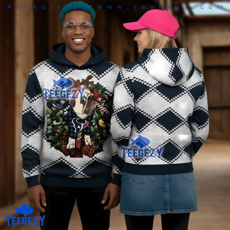 Houston Texans Pug Dog With Antlers Christmas Wreath Ugly 3D Hoodie Houston Texans Pug Dog With Antlers Christmas Wreath Ugly 3D Hoodie