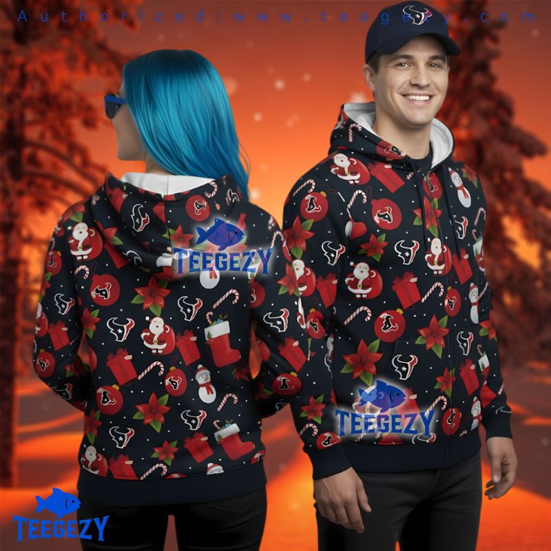 Houston Texans Santa Snowman Pattern Ugly Christmas 3D Zip Up Hoodie Houston Texans Santa Snowman Pattern Ugly Christmas 3D Zip Up Hoodie