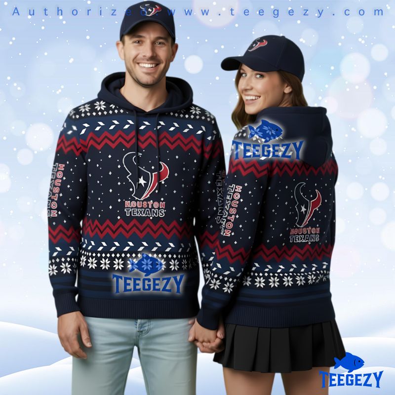 Houston Texans Ugly Christmas 3D Hoodie Navy Red Snowflakes Fan Gear Houston Texans Ugly Christmas 3D Hoodie Navy Red Snowflakes Fan Gear