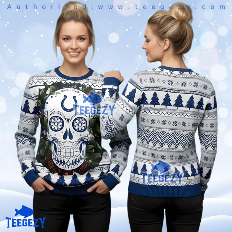 Indianapolis Colts Blue Sugar Skull Pattern Ugly Christmas Sweater Indianapolis Colts Blue Sugar Skull Pattern Ugly Christmas Sweater