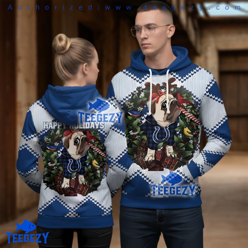 Indianapolis Colts Christmas Pug Dog Wreath Ugly 3D Hoodie Indianapolis Colts Christmas Pug Dog Wreath Ugly 3D Hoodie