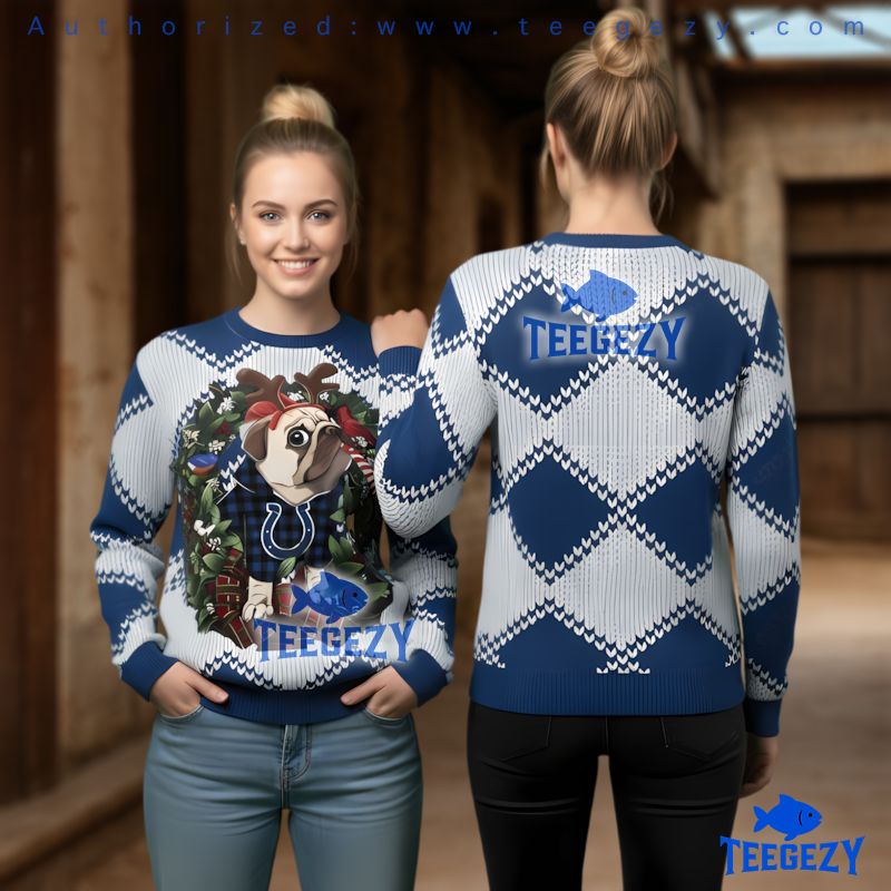 Indianapolis Colts Cute Pug Reindeer Blue Ugly Christmas Sweater