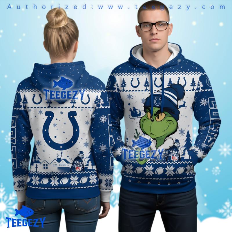 Indianapolis Colts Grinch Drinking Coffee Ugly Christmas Pullover 3D Hoodie Indianapolis Colts Grinch Drinking Coffee Ugly Christmas Pullover 3D Hoodie