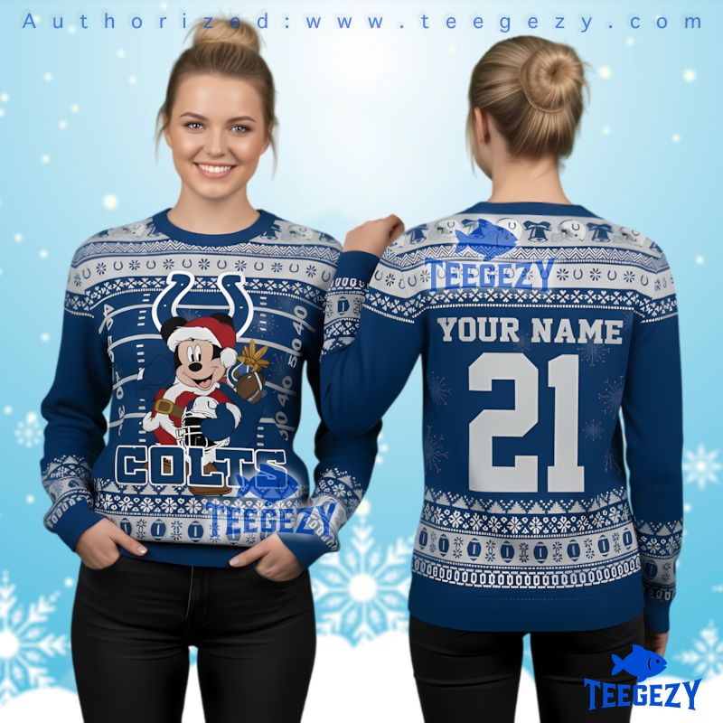Indianapolis Colts Mickey Mouse Santa Ugly Christmas Sweater Blue