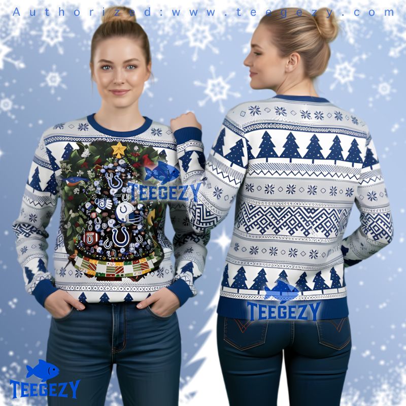 Indianapolis Colts Womens Ugly Christmas Sweater Blue Tree Logo Indianapolis Colts Womens Ugly Christmas Sweater Blue Tree Logo