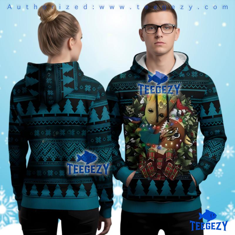Jacksonville Jaguars Baby Groot Wreath Ugly Christmas 3D Hoodie Jacksonville Jaguars Baby Groot Wreath Ugly Christmas 3D Hoodie