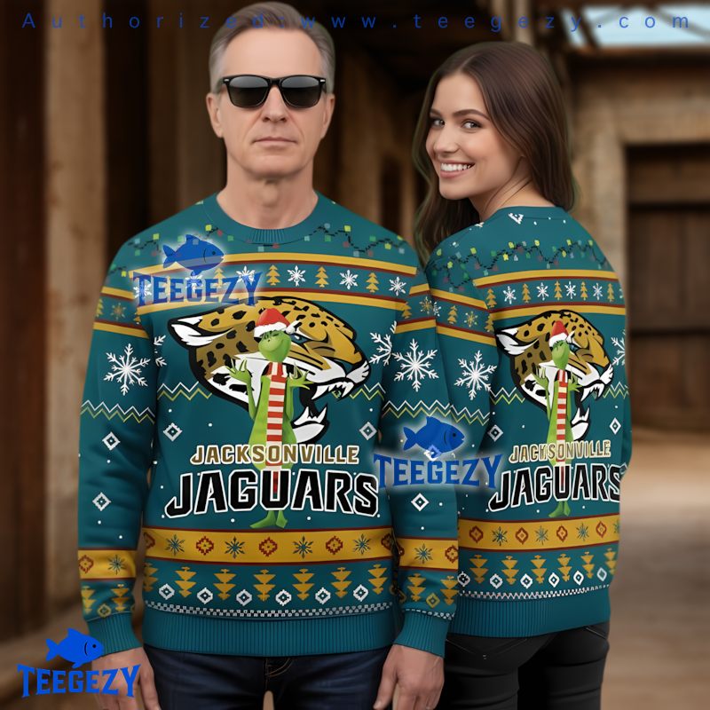Jacksonville Jaguars Grinch In Scarf Christmas Ugly Sweater