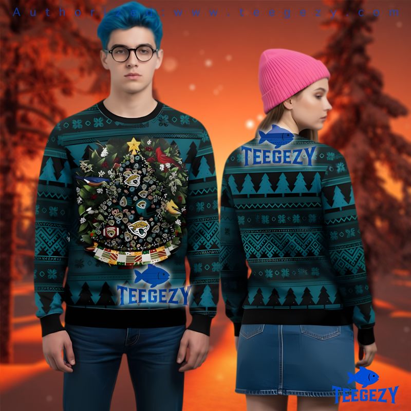 Jacksonville Jaguars Logo Christmas Tree Ugly Sweater Blue Teal