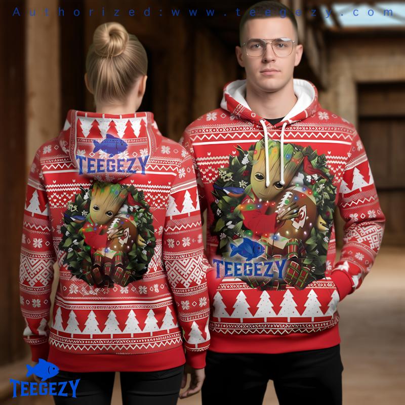 Kansas City Chiefs Baby Groot Football Wreath Ugly Christmas 3D Hoodie Kansas City Chiefs Baby Groot Football Wreath Ugly Christmas 3D Hoodie