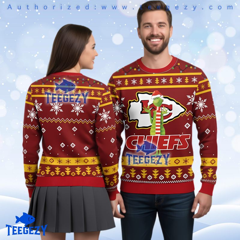 Kansas City Chiefs Grinch 3D Print Ugly Christmas Sweater Snowflakes