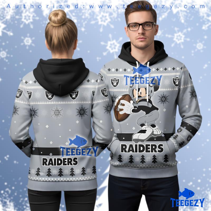 Las Vegas Raiders Disney Mickey Mouse Ugly Christmas 3D Hoodie Grey Las Vegas Raiders Disney Mickey Mouse Ugly Christmas 3D Hoodie Grey