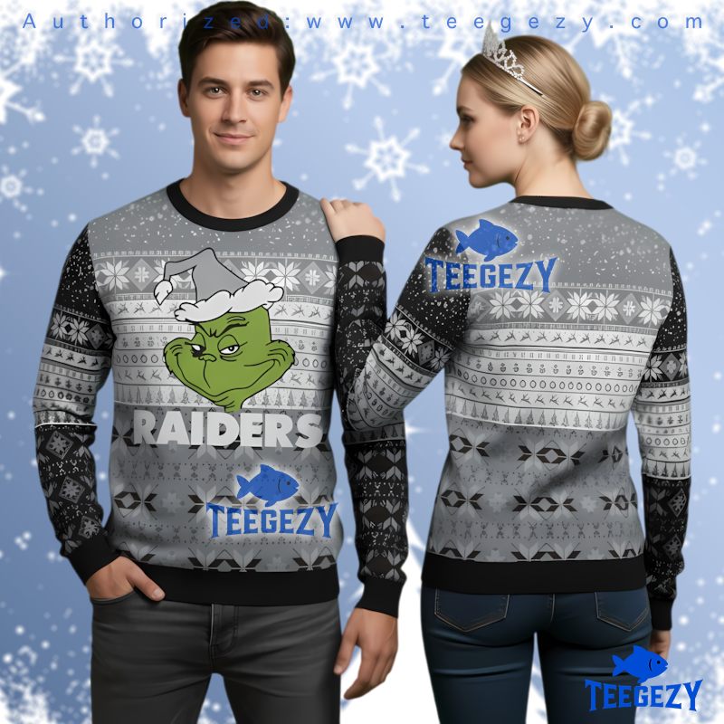 Las Vegas Raiders Grinch Face 3D Print Ugly Christmas Sweater Grey Black