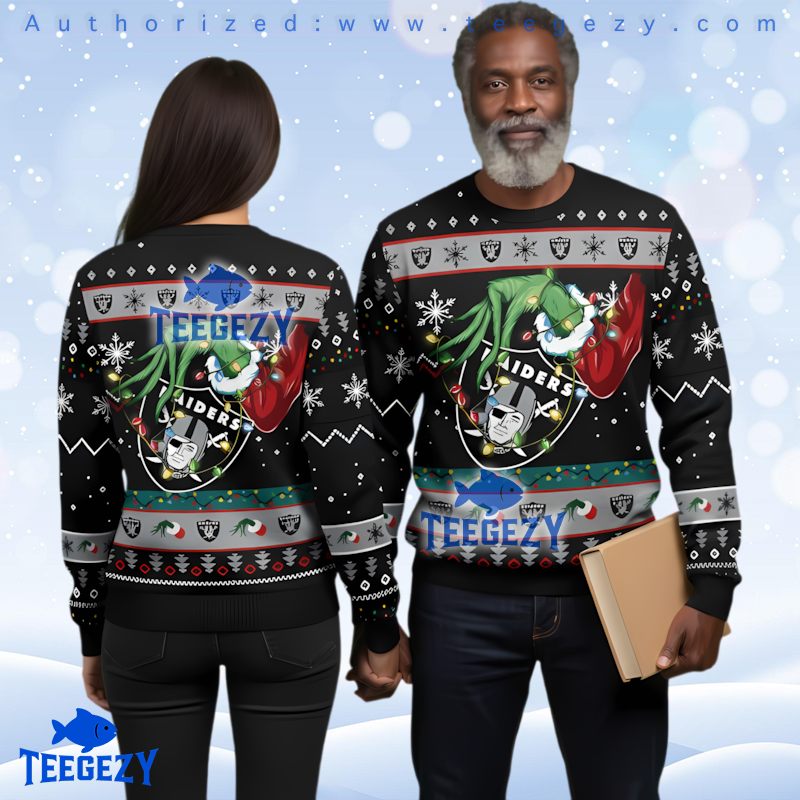 Las Vegas Raiders Grinch Hand Stealing Christmas Light Sweater