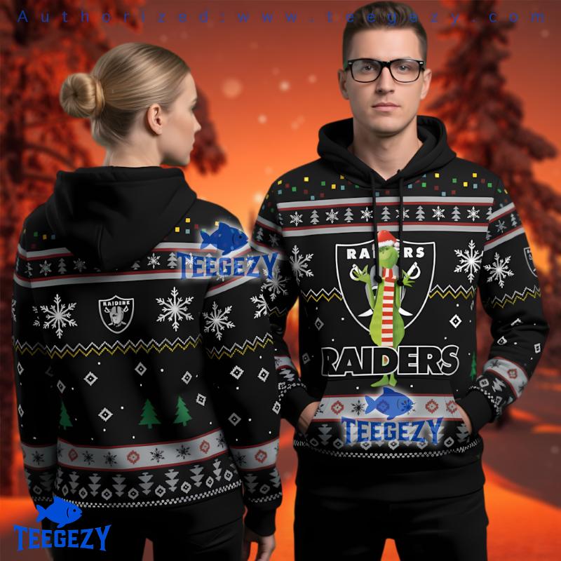 Las Vegas Raiders Grinch Santa Hat Ugly Christmas 3D Hoodie Las Vegas Raiders Grinch Santa Hat Ugly Christmas 3D Hoodie