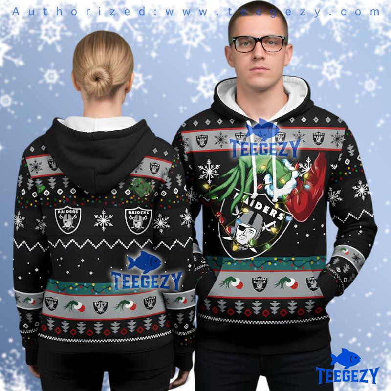 Las Vegas Raiders Grinch Stealing Christmas Lights Ugly 3D Hoodie Black Las Vegas Raiders Grinch Stealing Christmas Lights Ugly 3D Hoodie Black