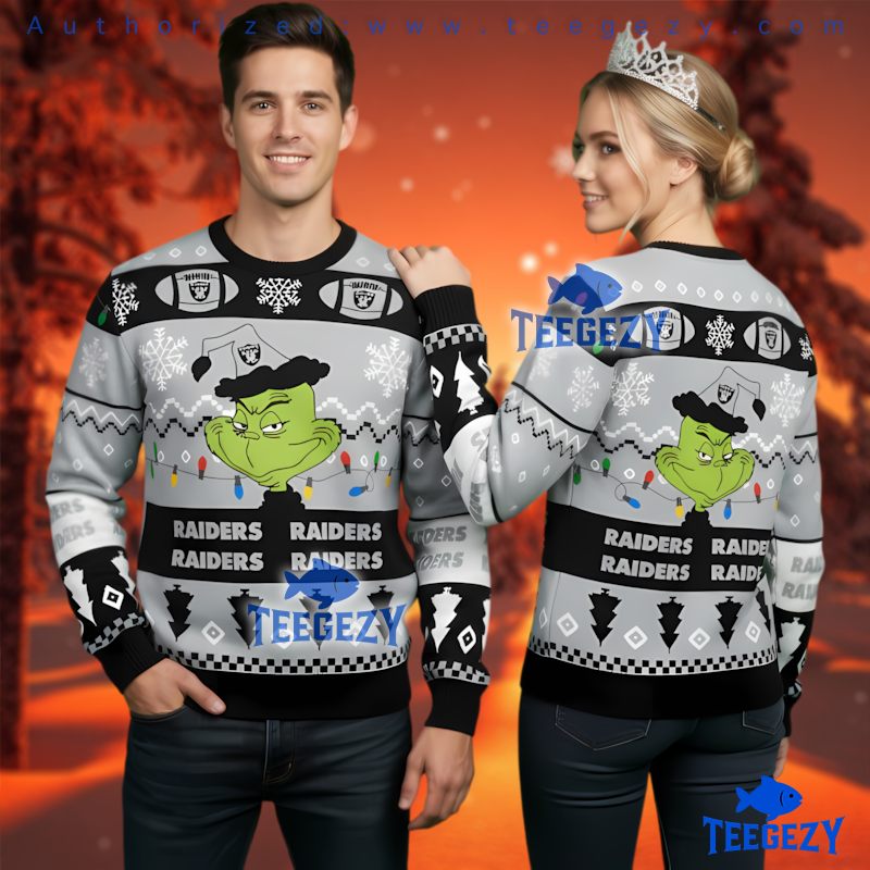 Las Vegas Raiders Grinch Wearing Cap Ugly Christmas Sweater Grey