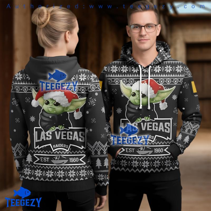 Las Vegas Raiders Grogu Santa Hat Ugly Christmas 3D Hoodie Las Vegas Raiders Grogu Santa Hat Ugly Christmas 3D Hoodie
