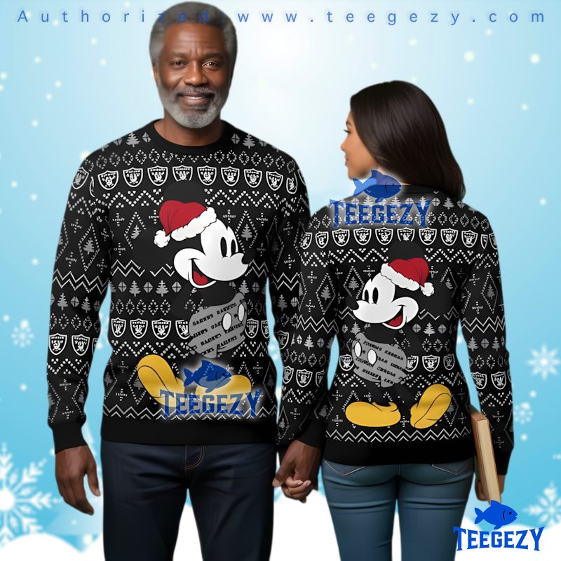 Las Vegas Raiders Mickey Mouse Santa Hat Ugly Christmas Sweater