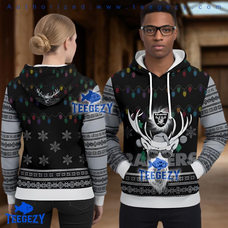 Las Vegas Raiders Reindeer Christmas Lights Ugly Christmas 3D Hoodie Las Vegas Raiders Reindeer Christmas Lights Ugly Christmas 3D Hoodie
