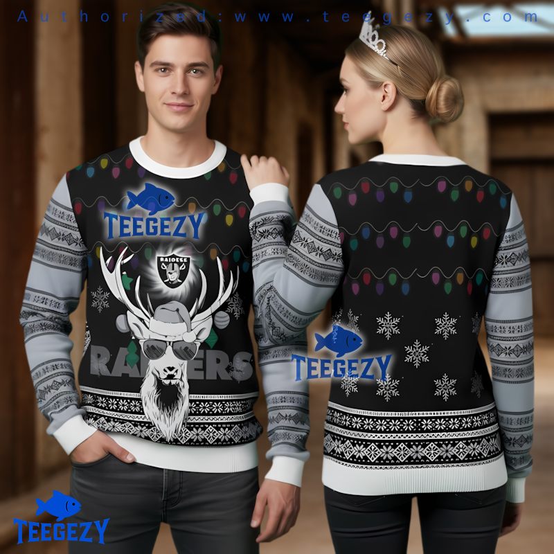 Las Vegas Raiders Reindeer With Sunglasses Ugly Christmas Sweater