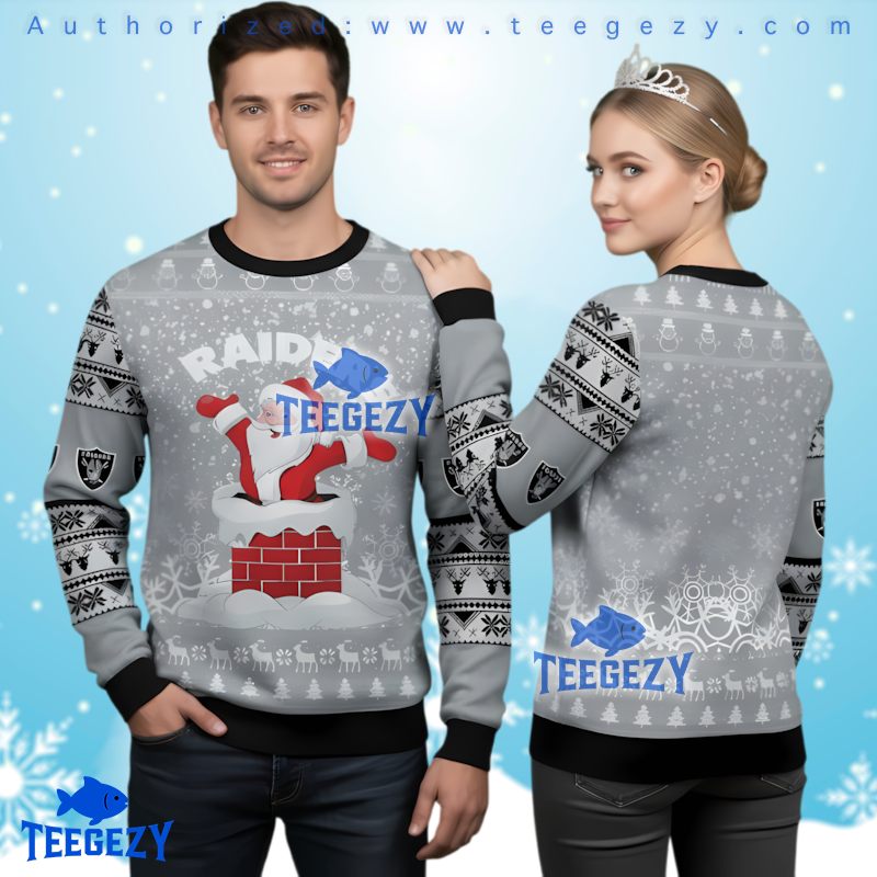 Las Vegas Raiders Santa Claus Chimney Ugly Christmas Sweater Grey