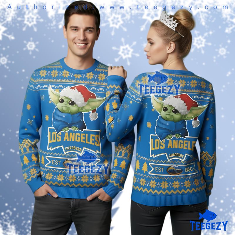 Los Angeles Chargers Baby Yoda Grogu Santa Hat Ugly Christmas Sweater