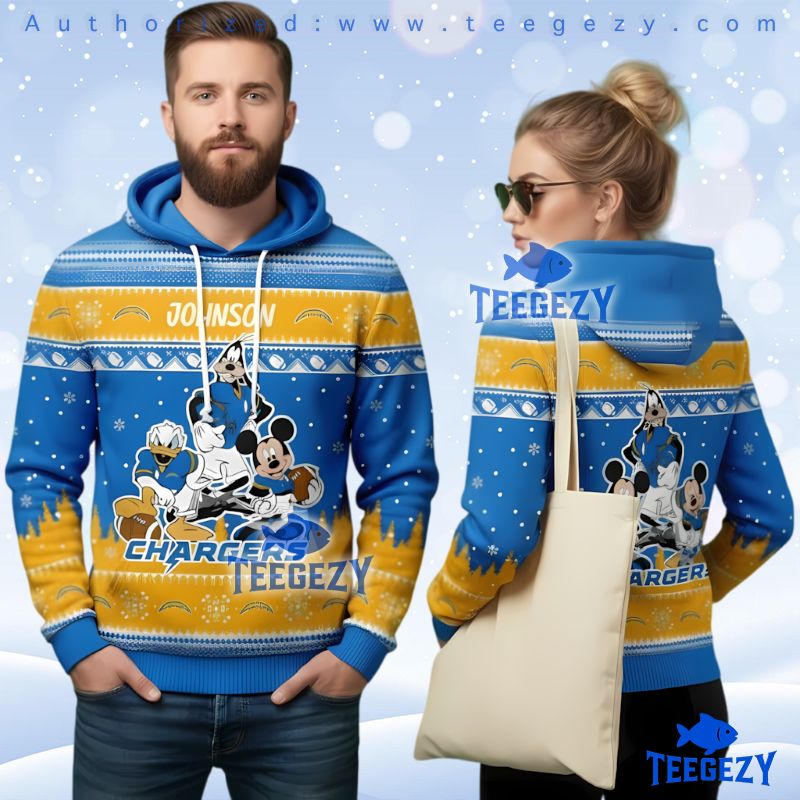 Los Angeles Chargers Disney Mickey Donald Goofy Ugly Christmas 3D Hoodie