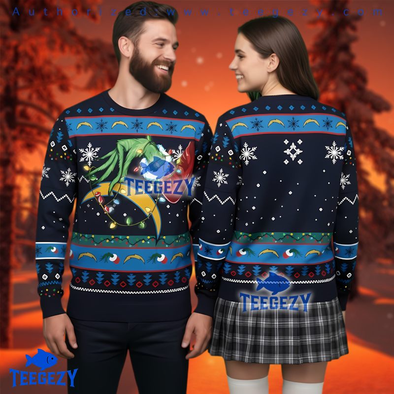 Los Angeles Chargers Grinch Christmas Light Ugly Sweater Navy Blue