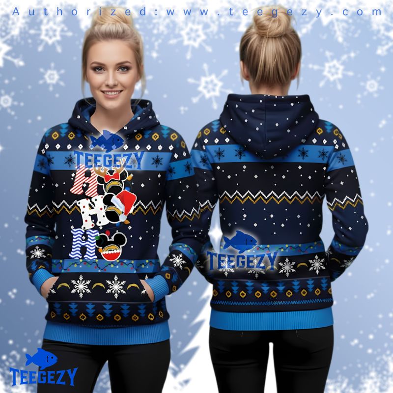 Los Angeles Chargers Ho Ho Ho Mickey Mouse Ugly Christmas 3D Hoodie