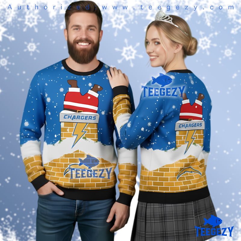 Los Angeles Chargers Santa Stuck Ugly Christmas Sweater Blue Yellow