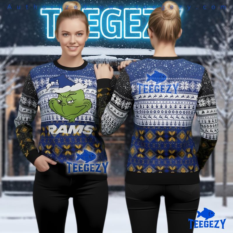 Los Angeles Rams Grinch Face With Santa Hat Ugly Christmas Sweater Los Angeles Rams Grinch Face With Santa Hat Ugly Christmas Sweater