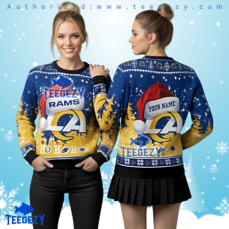 Los Angeles Rams Logo With Santa Hat Ugly Christmas Sweater 3D Print